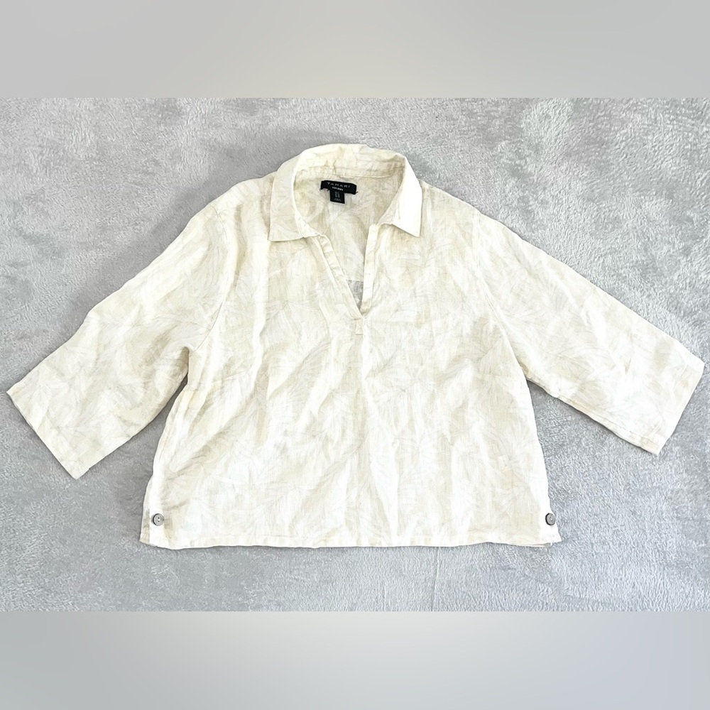 Tahari Top Women’s 1X Beige & Green Blouse Shirt Linen Floral Lightweight Casual